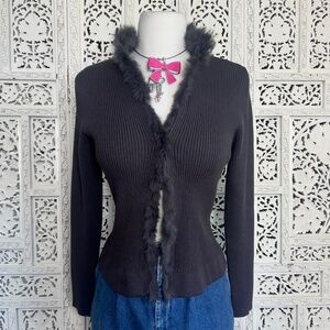 Sarsaparilla‎ Dark Grey Ribbed Cardigan With Rabbit Hair Trim Sz M/L